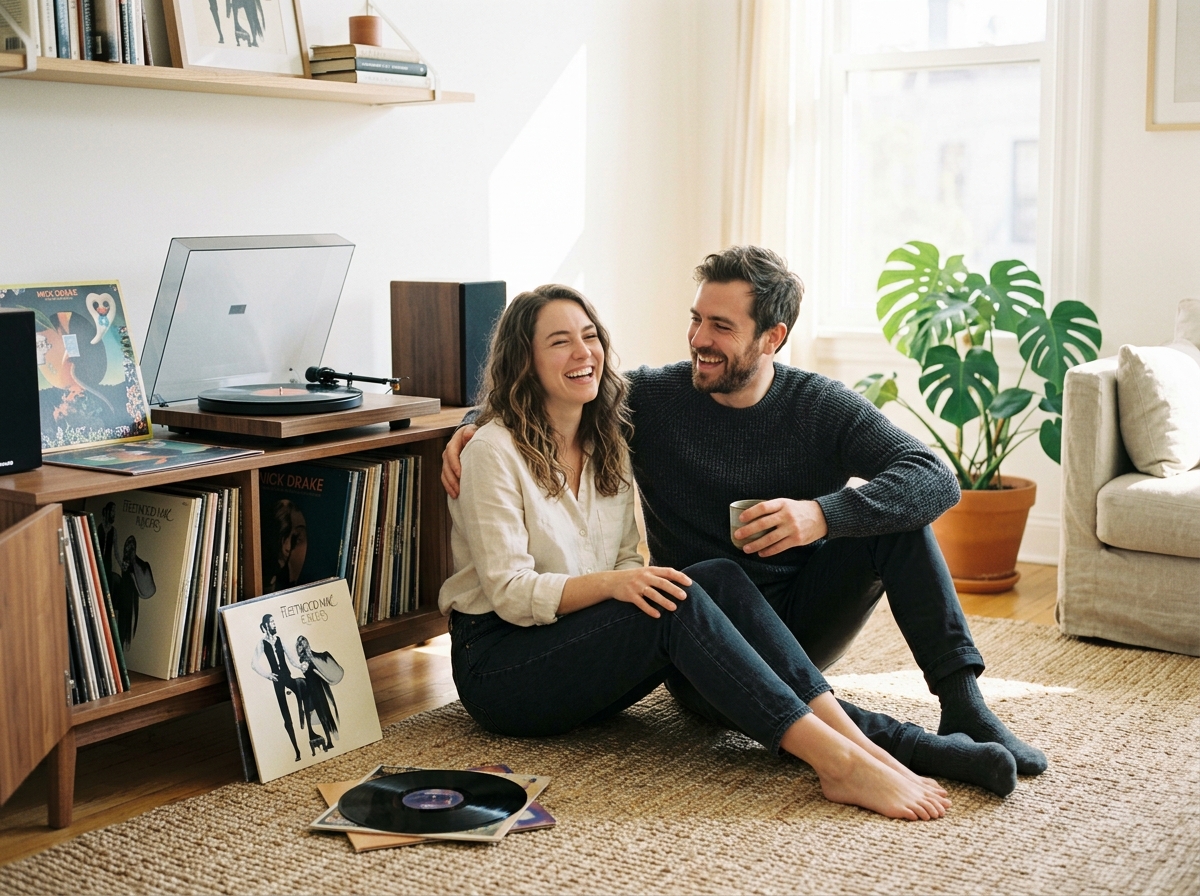 Couple laughing in cozy vinyl listening lounge