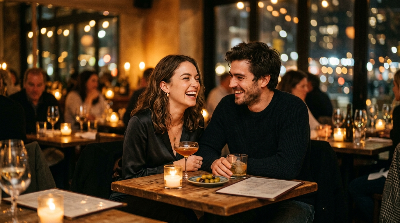 Couple laughing on a warm candlelight date