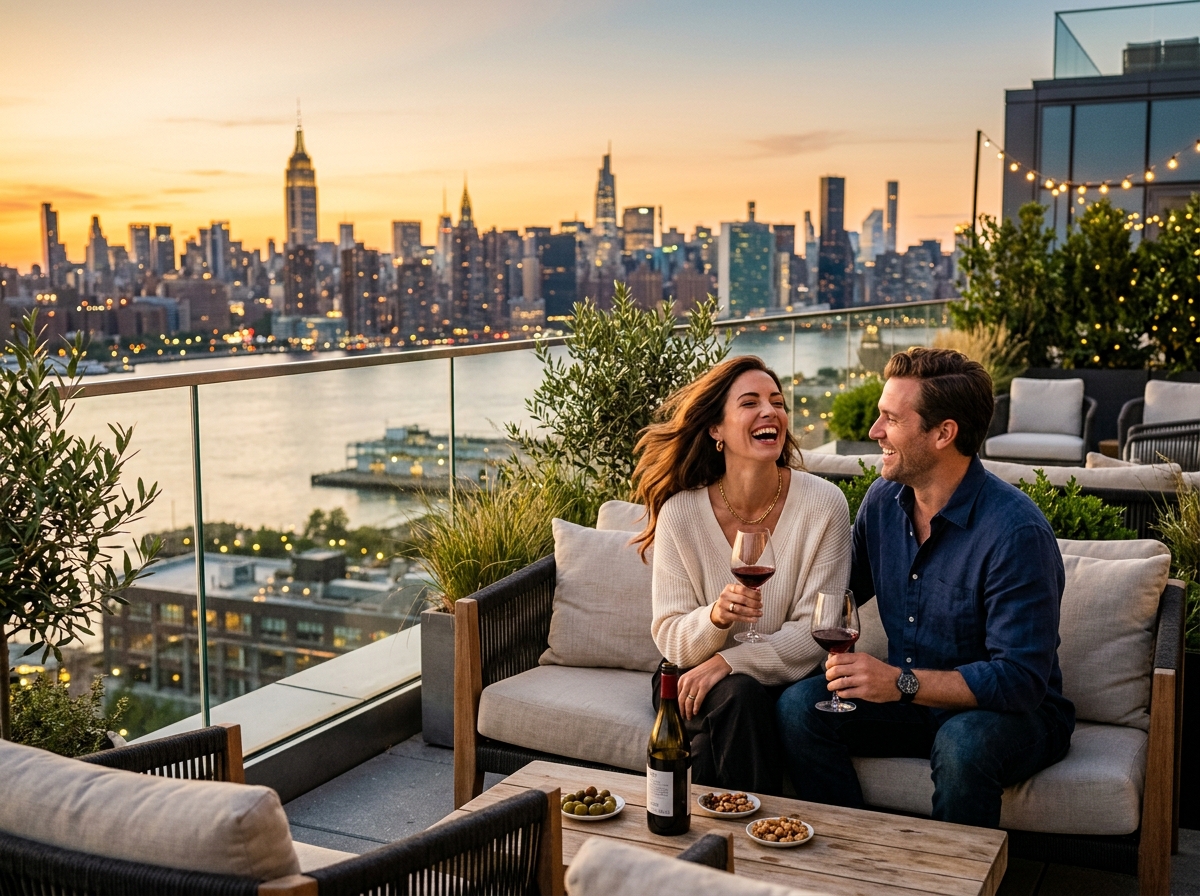 Couple on rooftop at sunset overlooking city